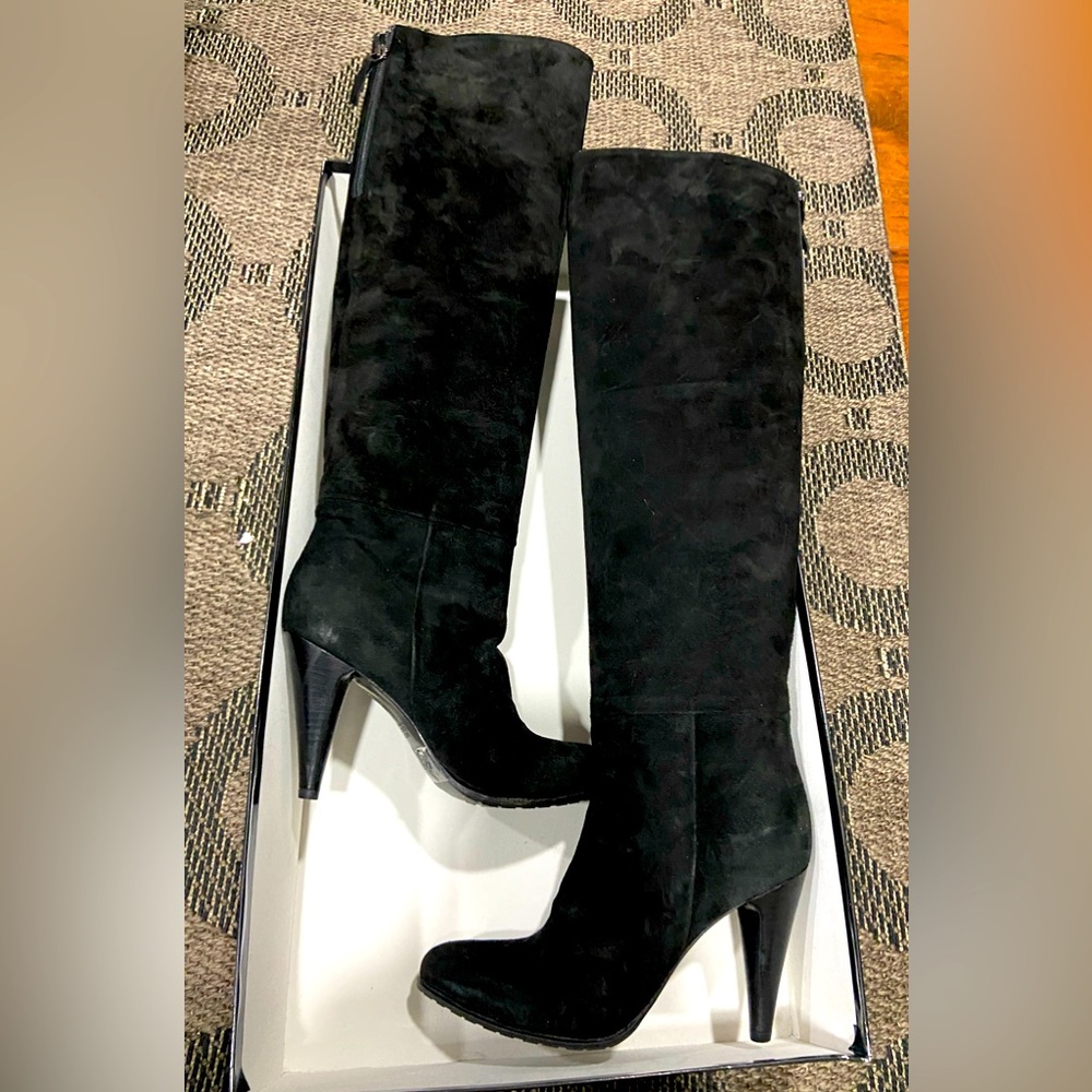 Max Bianco thigh high black genuine seude leather heeled boots.